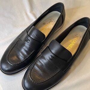 Chanel black leather loafers